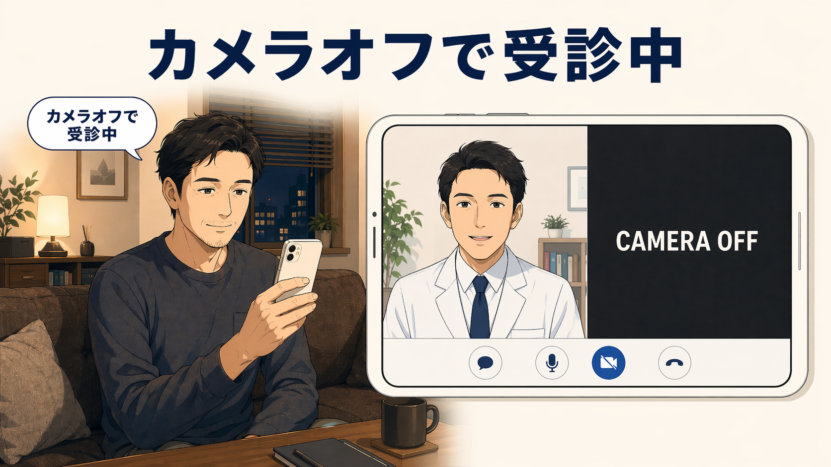 オンラインAGAでカメラオフで受診する男性を自宅で描いたイラスト|ビデオ通話画面は医師側のみ顔が表示される