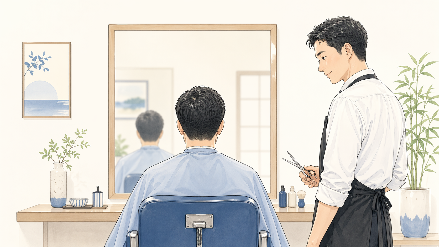 美容室の鏡ごしに理容師が薄毛の客の頭をそっと見つめるシーン
