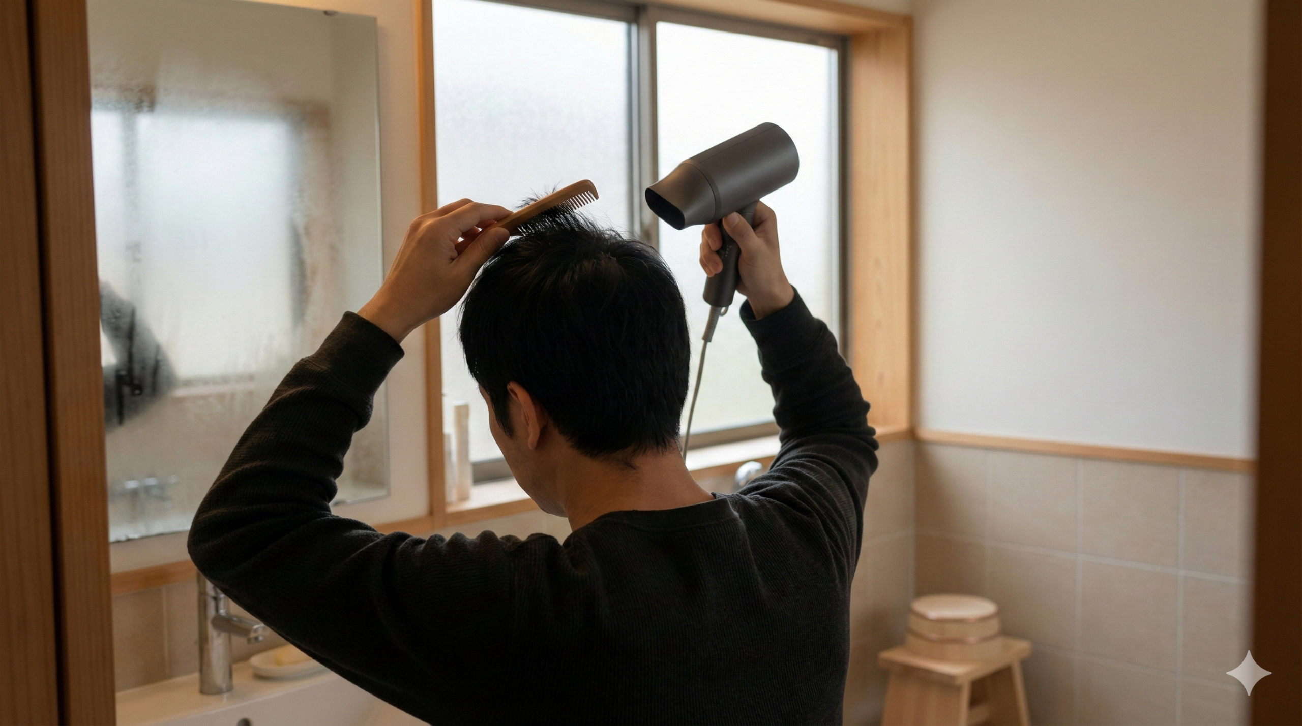 洗面所でドライヤーとくしを使い、つむじ周りの根元を立ち上げながら乾かす男性の後ろ姿