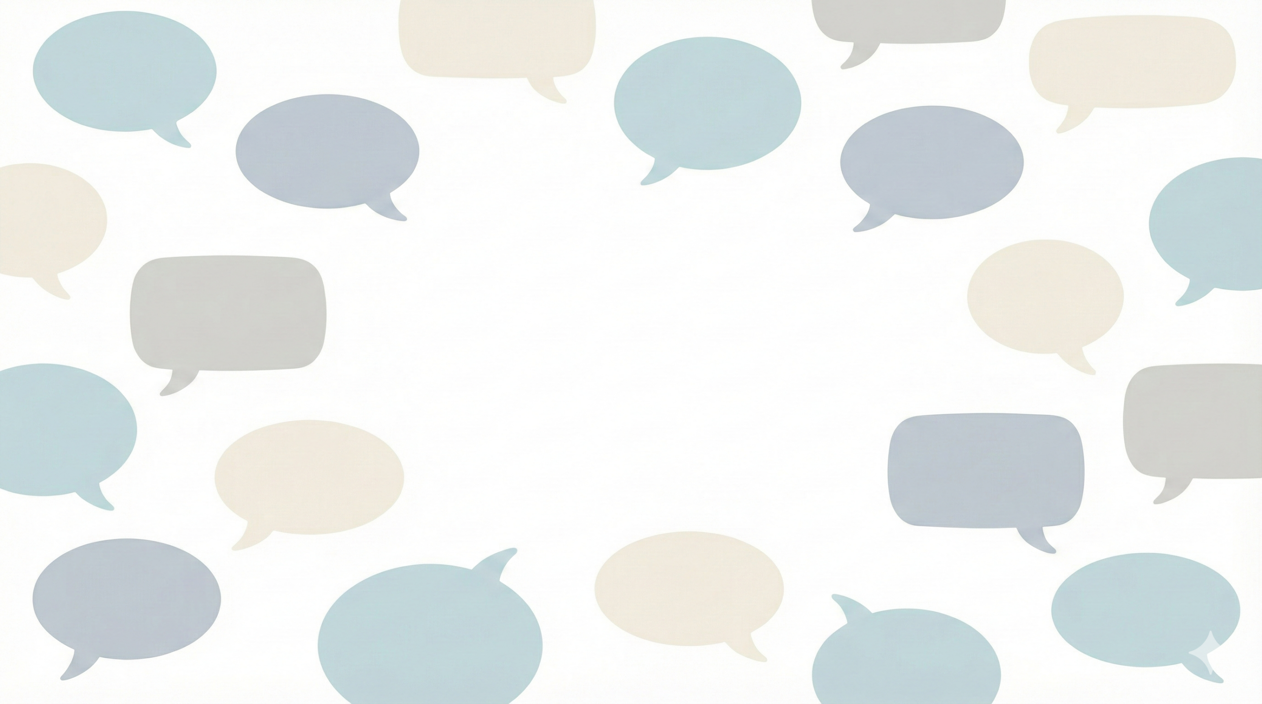 青やベージュの吹き出しが周囲に散り、中央が白く空いた質問コーナー用の背景イラスト