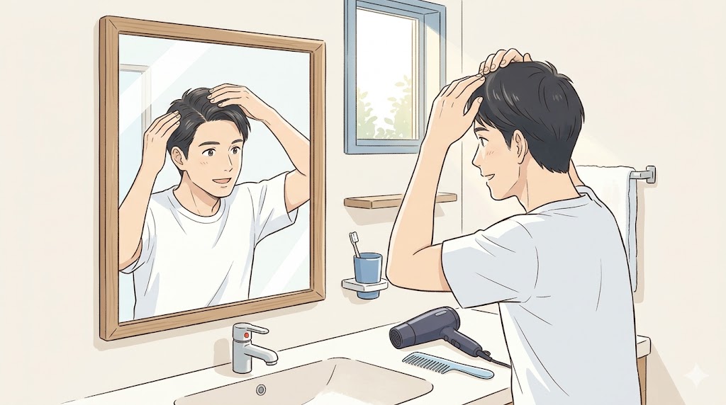 鏡の前で分け目を左右に変えて見え方を確かめる男性のイラスト