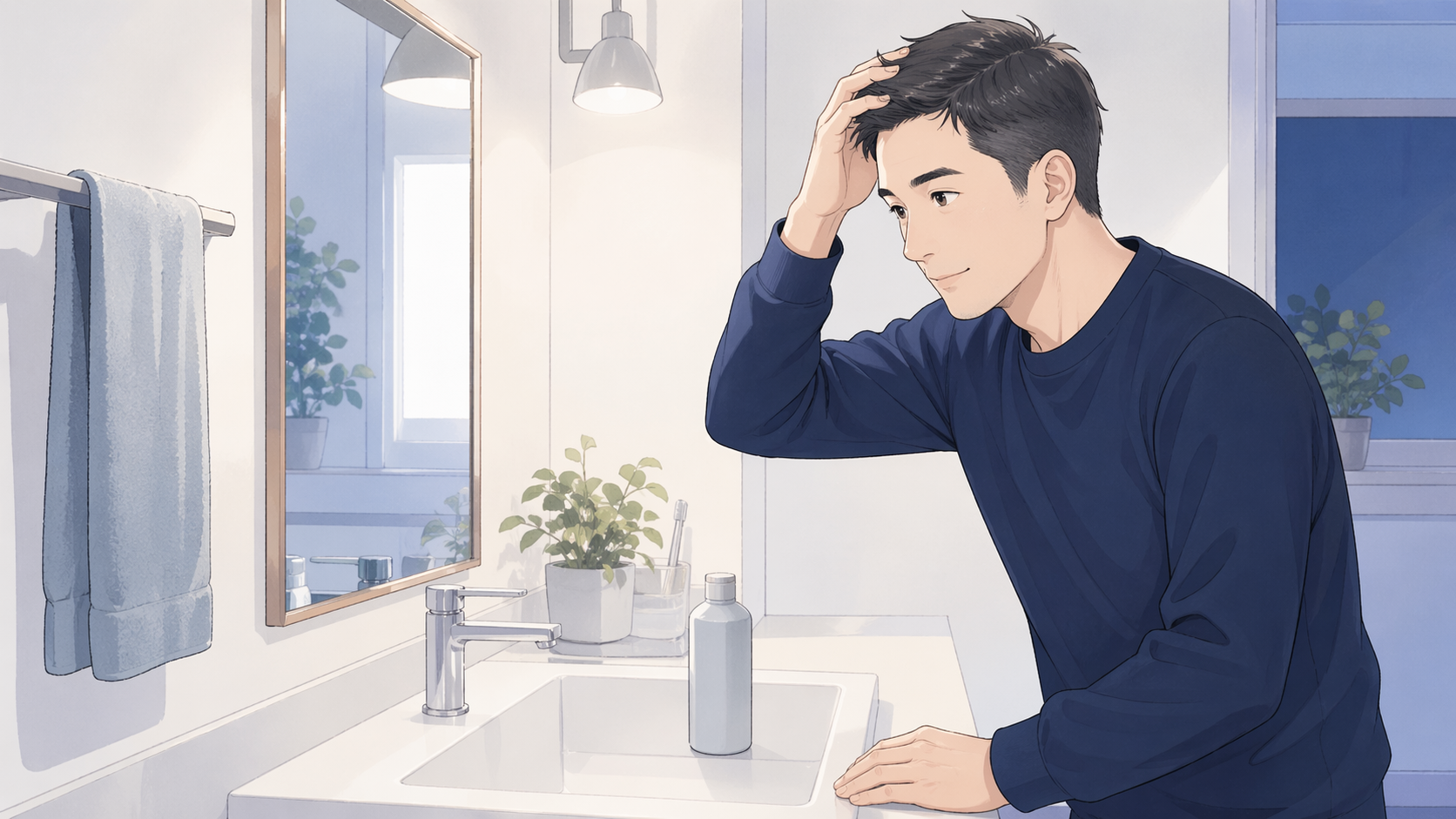 薄毛対策は何から始める?男性は確認→最小ケア→相談|受診目安5つ 27 薄毛対策で続けやすい外用ケアを洗面台で確認する男性