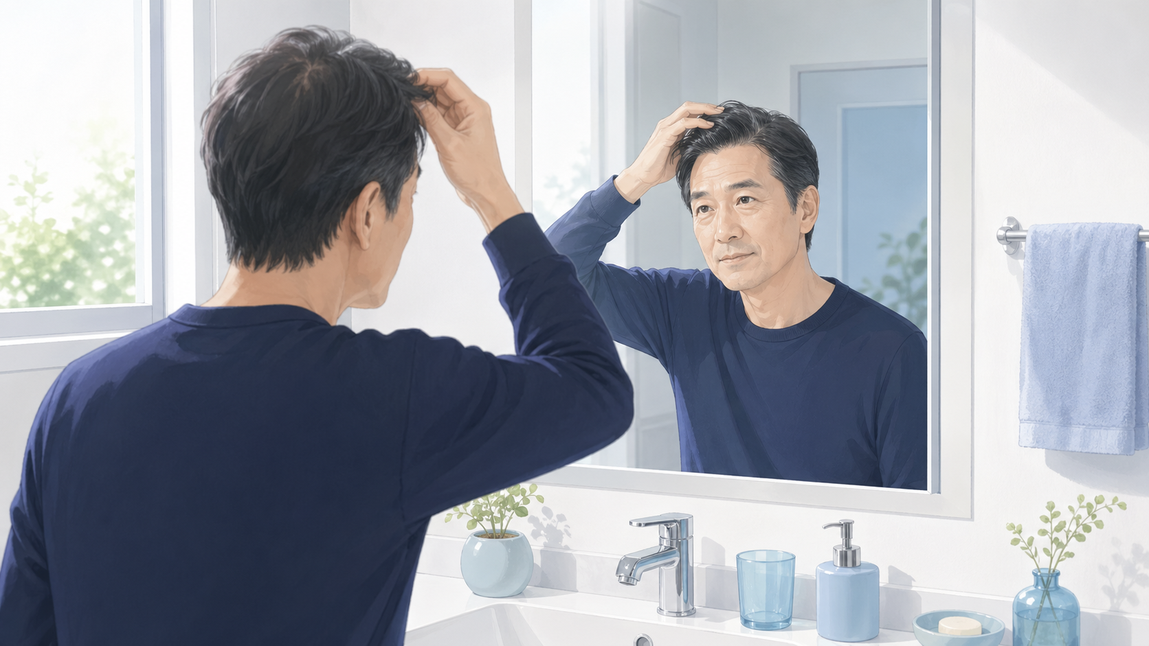 50代の薄毛改善はどこまで可能?40歳開始で50歳まで維持した現実ライン 24 50代男性が鏡の前で薄毛と前髪の状態を確認している様子