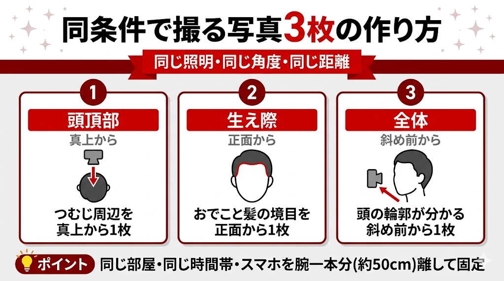 AGA診察前に撮る写真3枚の撮り方と3つの撮影条件を示した図解