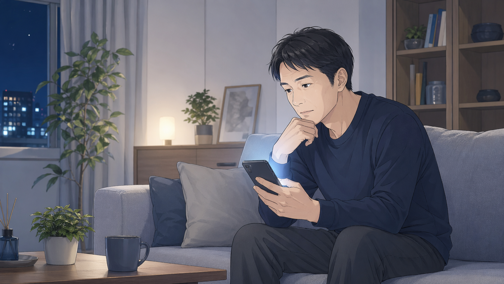 薄毛対策は何から始める?男性は確認→最小ケア→相談|受診目安5つ 19 薄毛対策を何から始めるか迷いながらスマホを見る男性