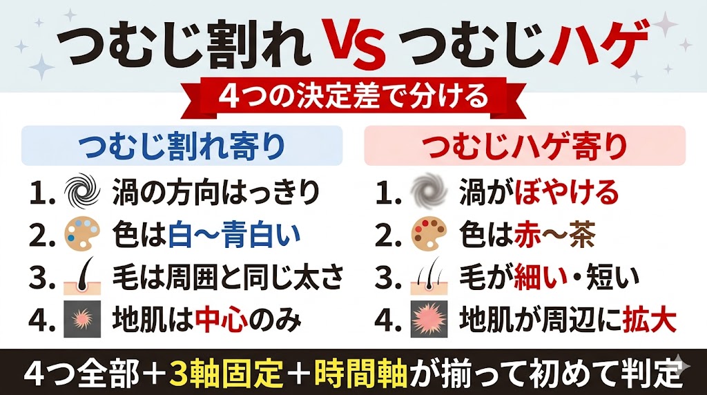つむじ割れとつむじハゲを分ける4つの決定差を比較した図解