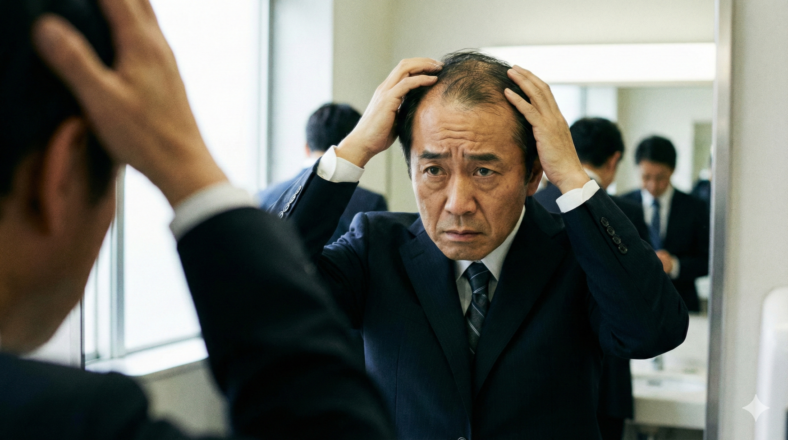 洗面所の鏡の前で、両手で髪をかき分けながら薄毛を気にするスーツ姿の男性