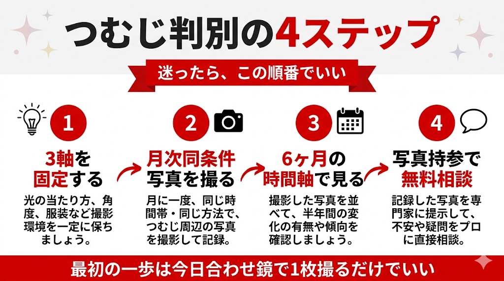光固定から無料相談までのつむじ判別動線をまとめた図解