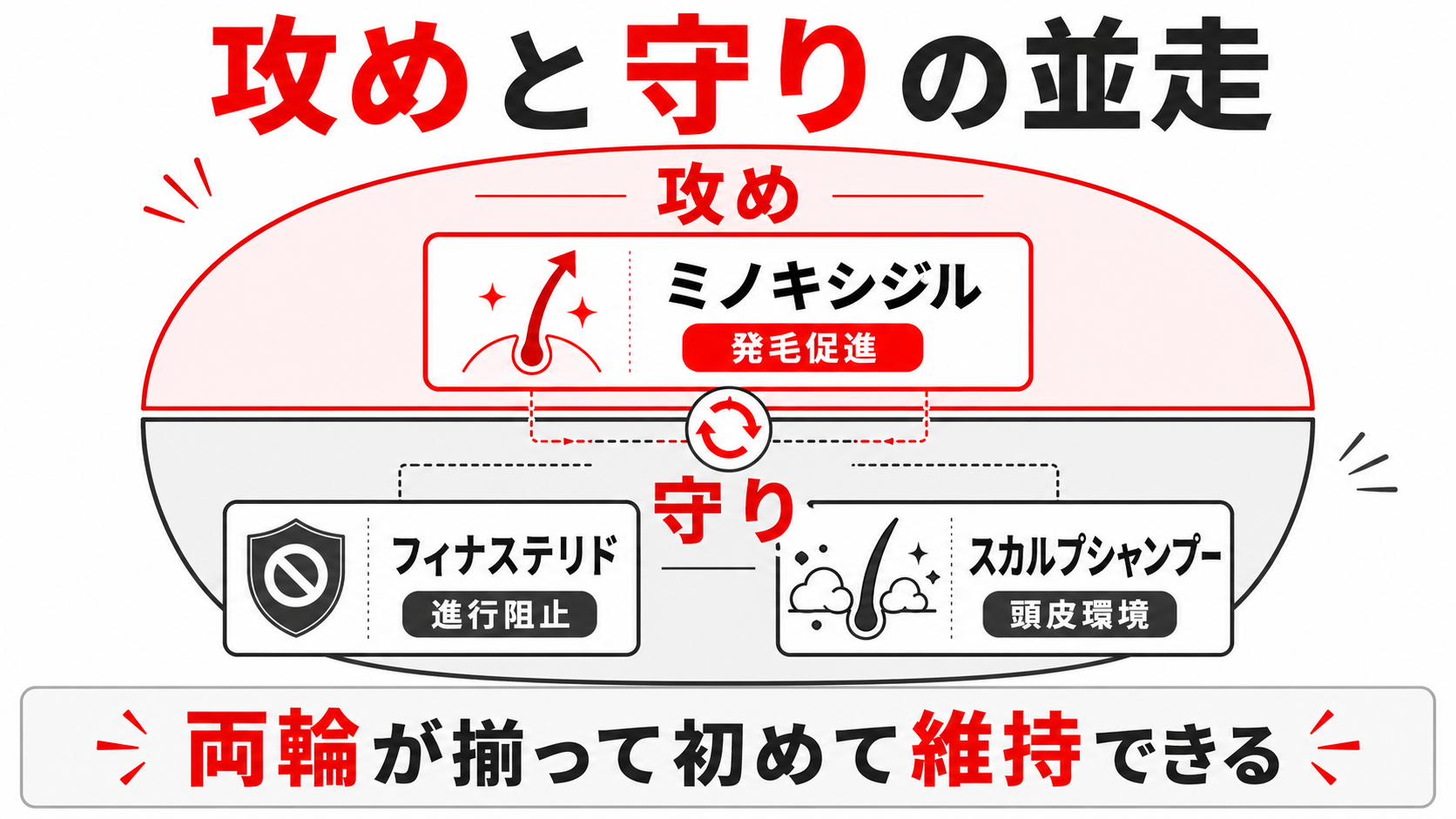 AGA治療の攻めと守りの並走図、ミノキシジル・フィナステリド・スカルプシャンプーの役割分担