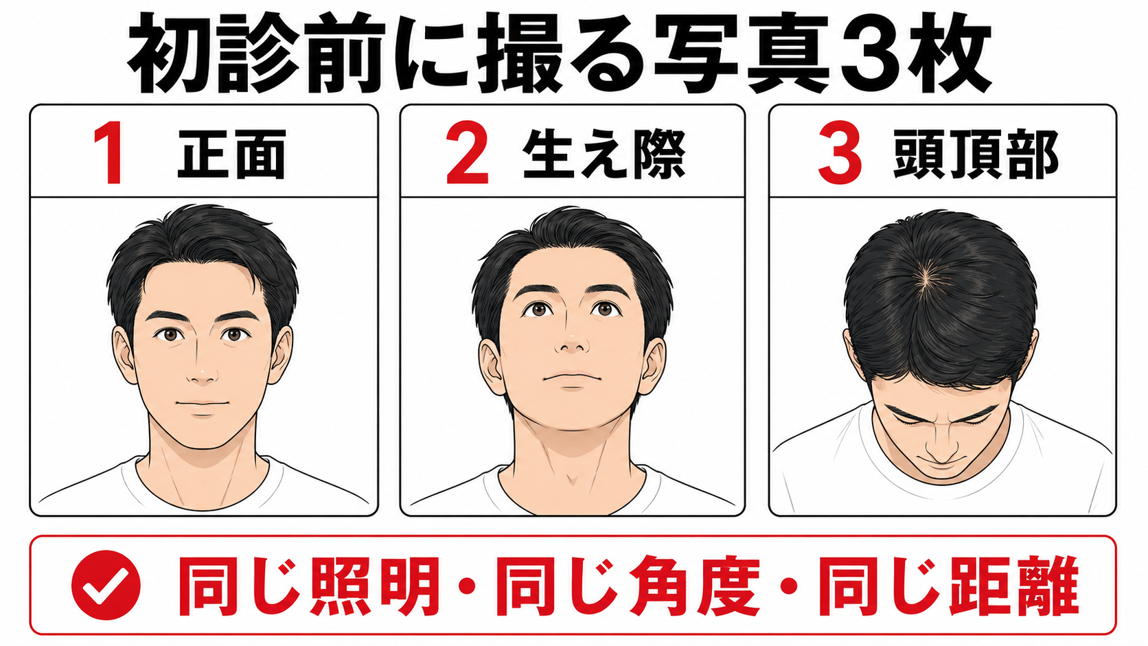 AGAクリニック初診前に撮影する正面・生え際・頭頂部の写真3枚