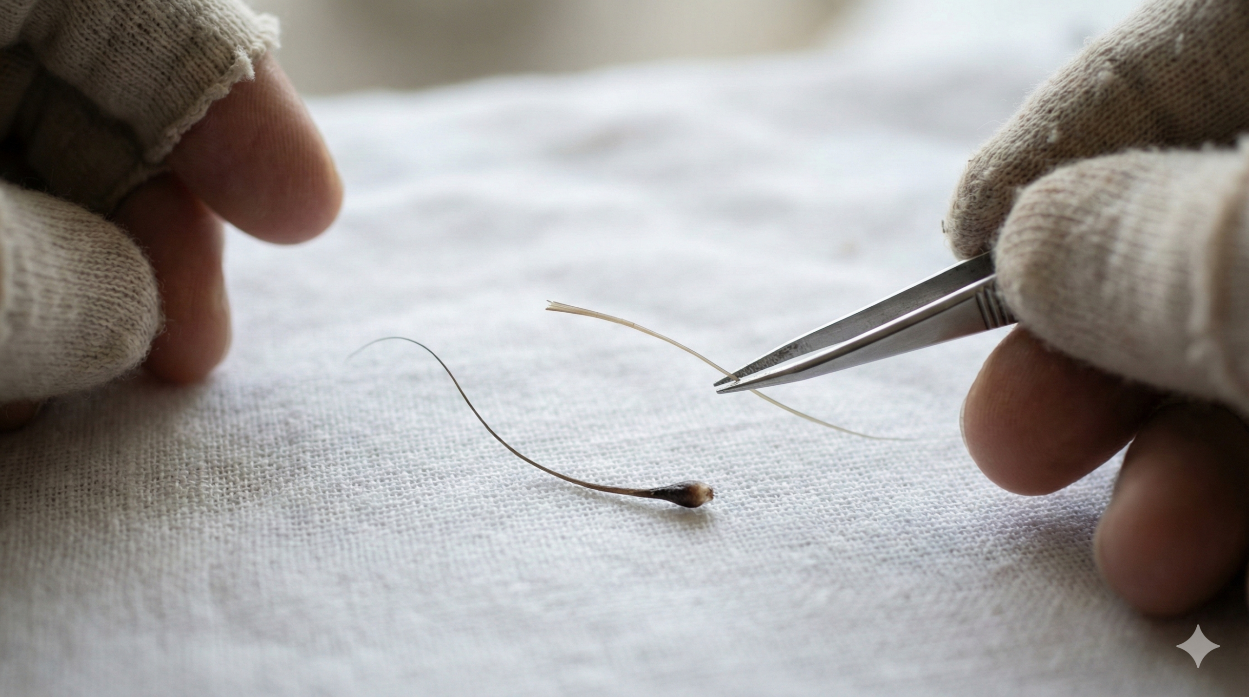 手袋をした手とピンセットで、抜けた髪の根元をつまんで確認している接写写真