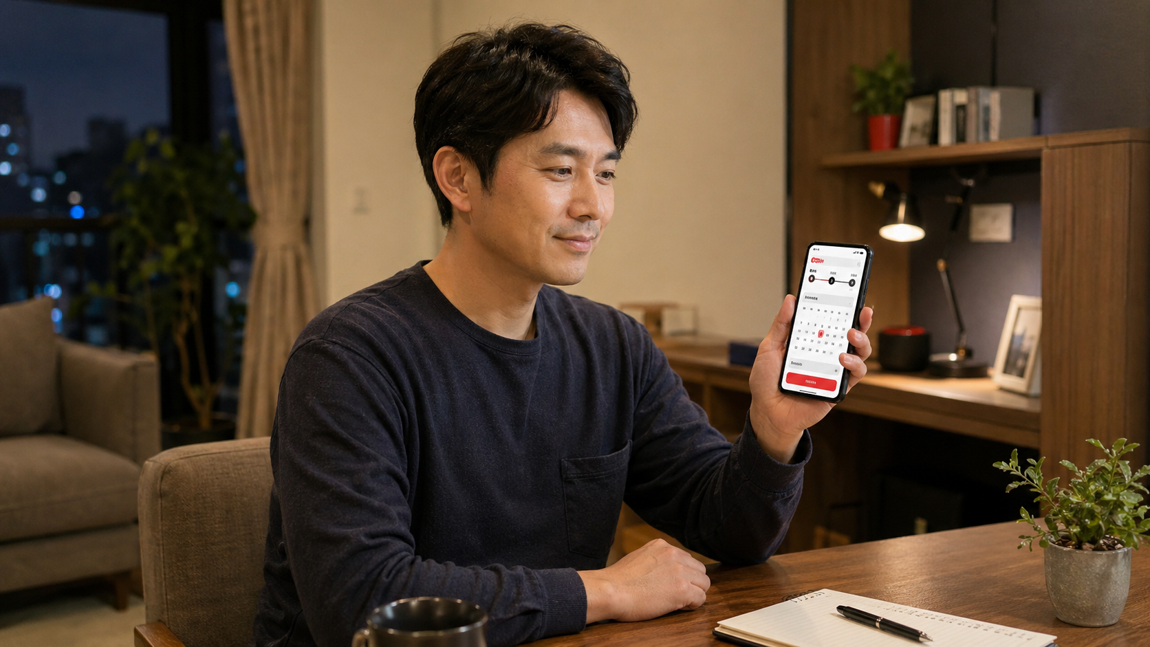 夜にスマホでAGAオンライン診療を確認する男性