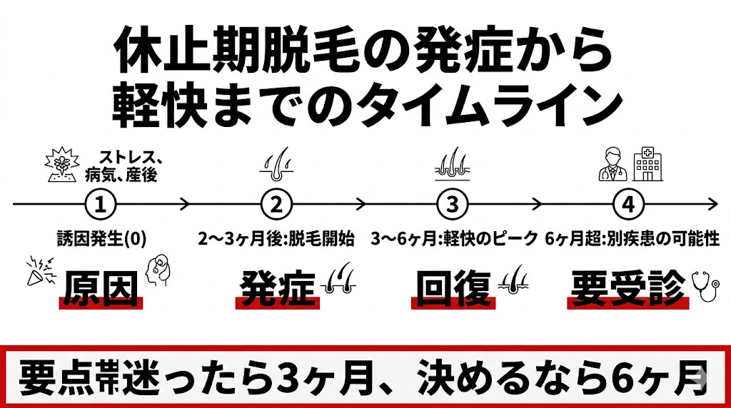 休止期脱毛はいつまで続く?3ヶ月の見切り目安と6ヶ月超で疑う受診サイン 20 休止期脱毛の期間目安タイムライン(誘因から3〜6ヶ月で軽快、6ヶ月超は別疾患の可能性)