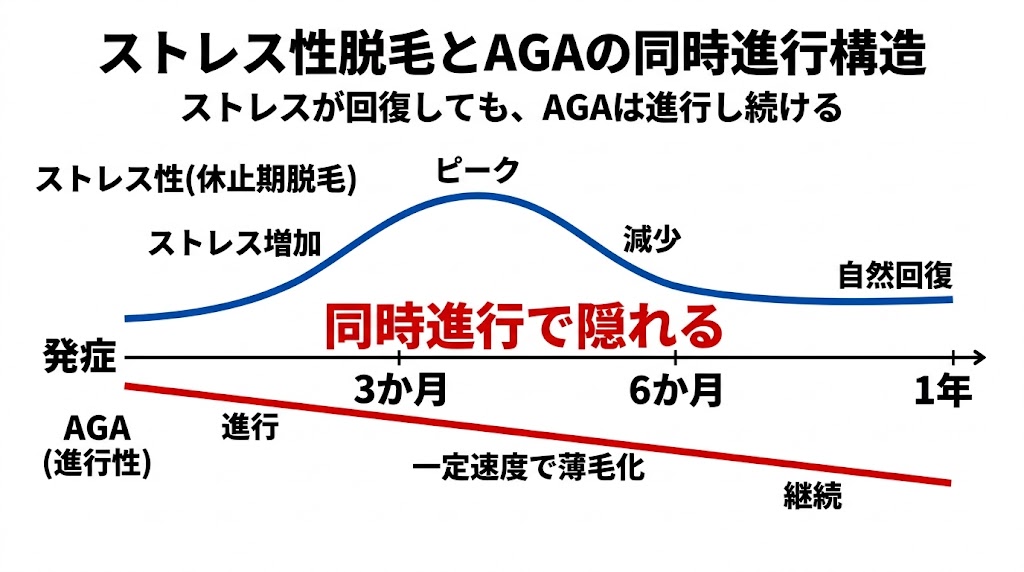 ストレス性とAGAが同時進行している場合に進行が見えにくくなる構造を示した図解