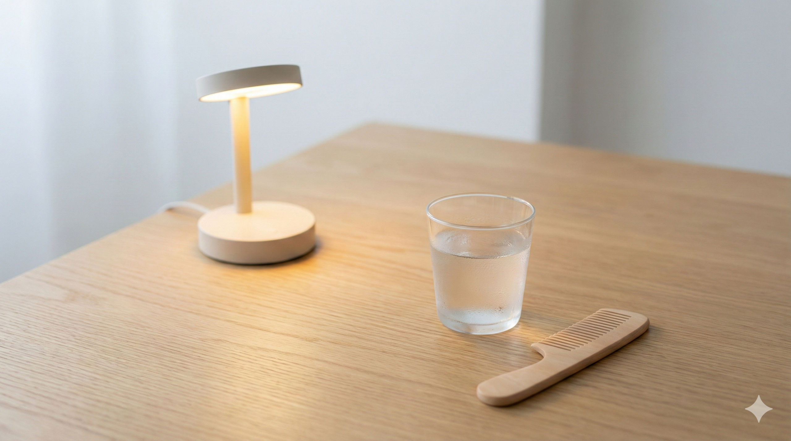 卓上ライトのある木目の机に、コップの水と木製のくしが置かれたシンプルな写真