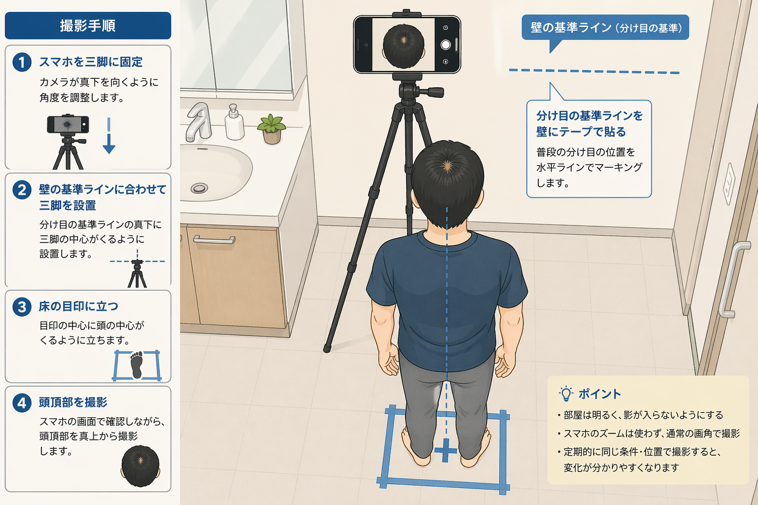 三脚を使って頭頂部の経過写真を自分で撮影する手順を示すイラスト