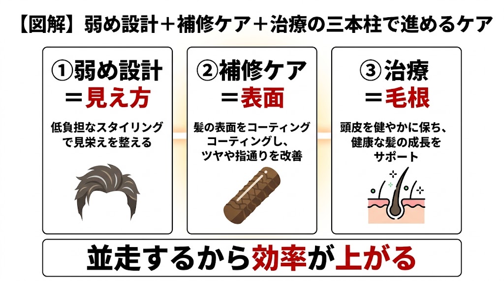 薄毛対策の三本柱（見え方・補修ケア・治療）の役割分離を示した図解
