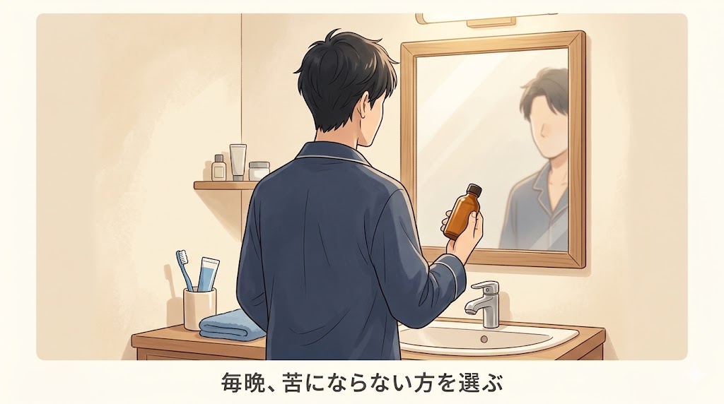 洗面台で市販ミノキシジル発毛剤を手に取る男性の毎晩のルーティンを表現したイラスト