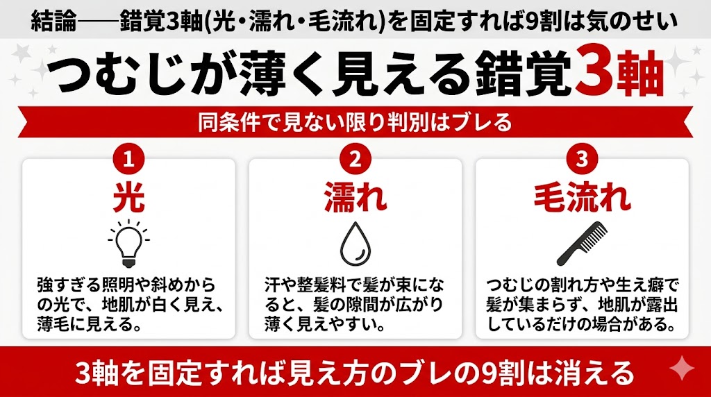 つむじ割れの錯覚要因を光・濡れ・毛流れの3軸で整理した図解