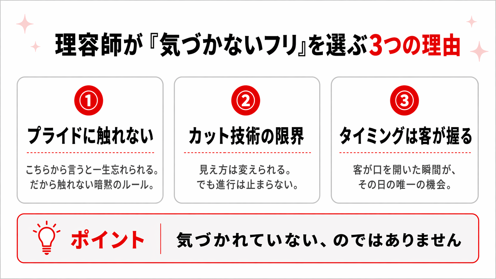 理容師が薄毛に触れない3つの理由を番号カードで整理した図解