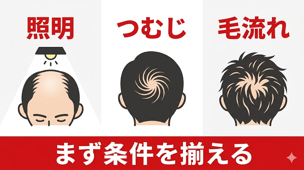 頭頂部が薄く見える照明つむじ毛流れの3要因