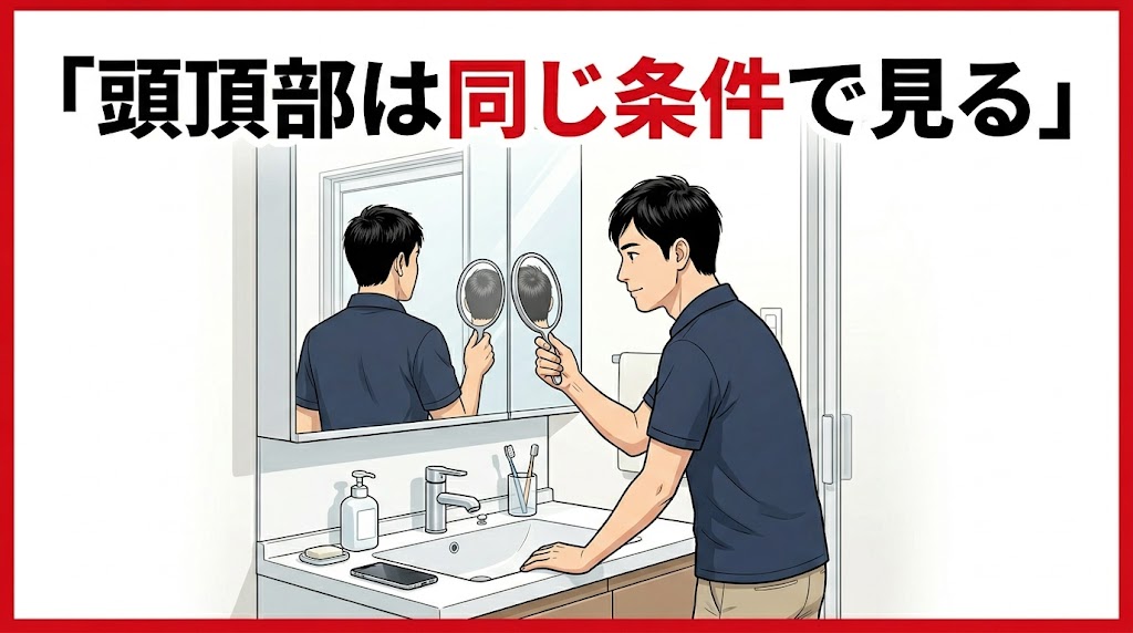 合わせ鏡で頭頂部の薄さを確認する男性
