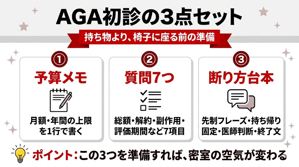 AGA初診で持ち物より大事な3点セット|予算メモ・質問7つ・断り方台本を図解で整理