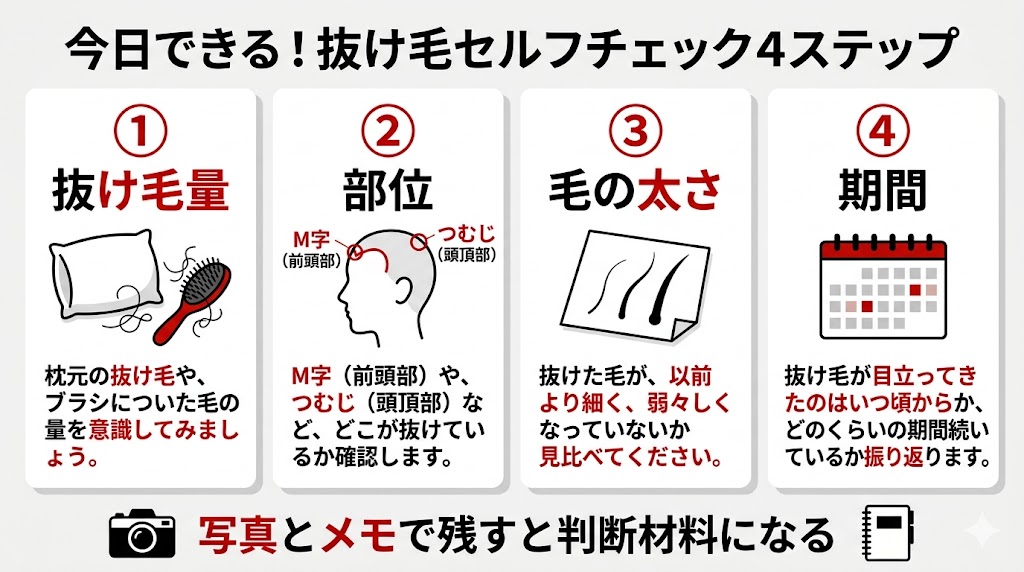 今日できる抜け毛セルフチェック4ステップを番号付きで整理した図解