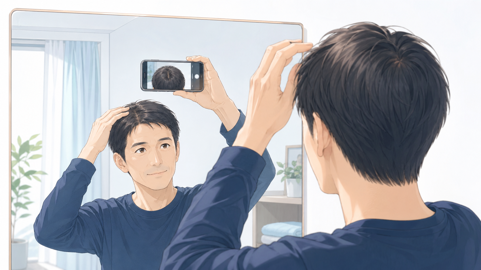 スマホで頭頂部の髪の変化を写真記録する男性