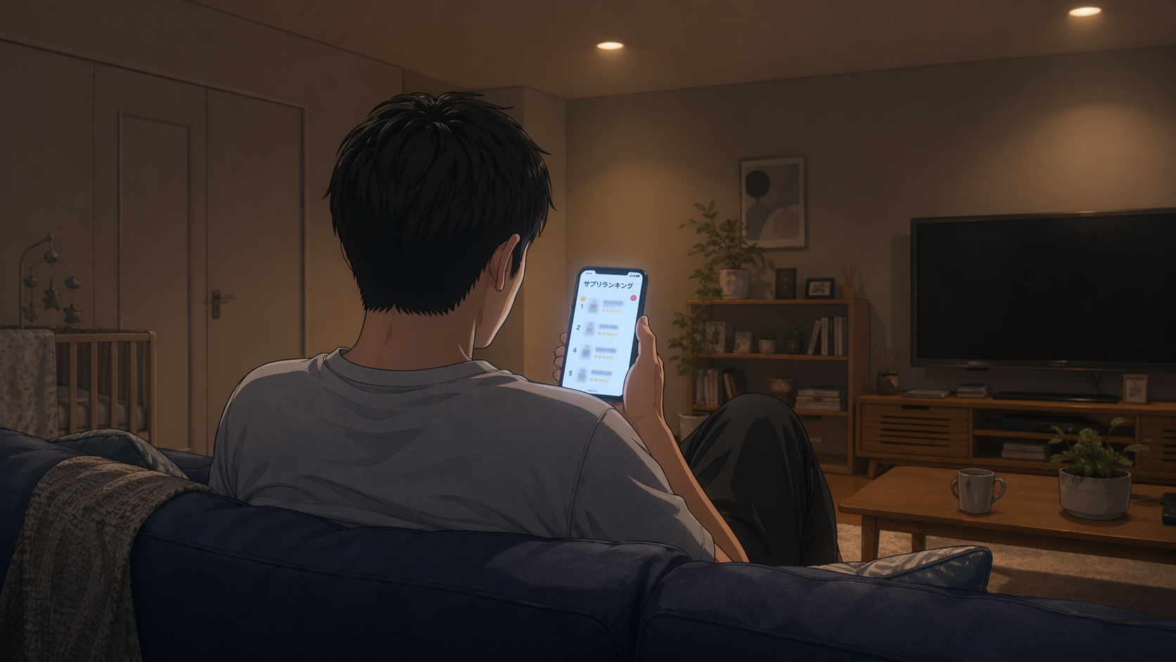 深夜のリビングでスマホでサプリランキングを見る男性の後ろ姿