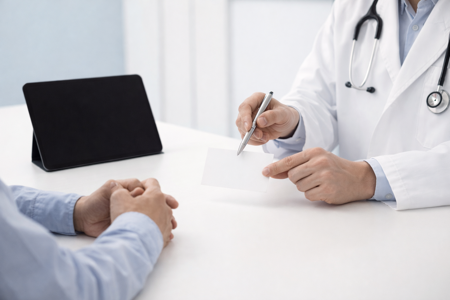 診察室で医師がペンを持ち、患者に説明しながらカードを示している相談シーンの写真