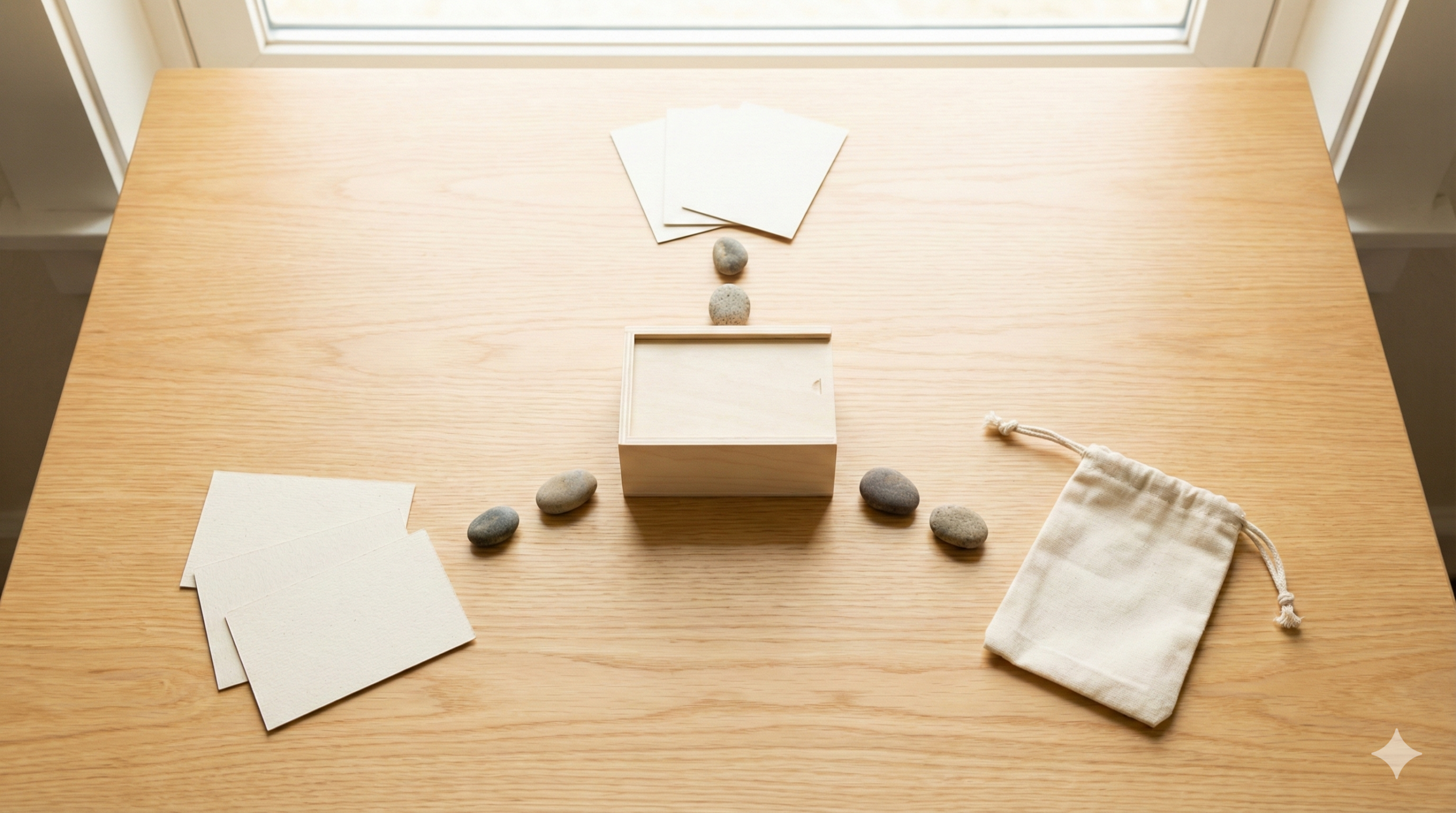 木のテーブル上に小箱を中心に置き、石とカードで三方向の分岐を表した配置写真
