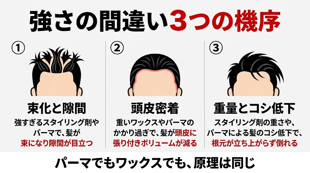薄毛に似合わないパーマと重いワックスに共通する3つの機序を示した図解