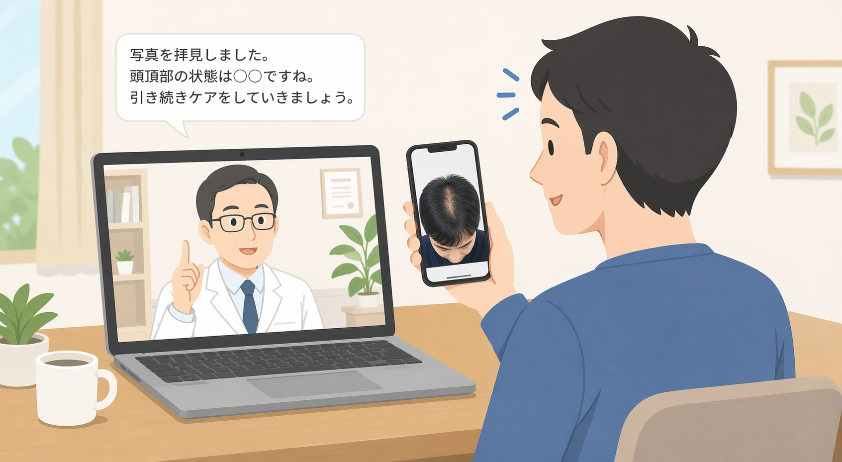 撮った経過写真をオンライン診療で医師に見せて相談する男性のイラスト