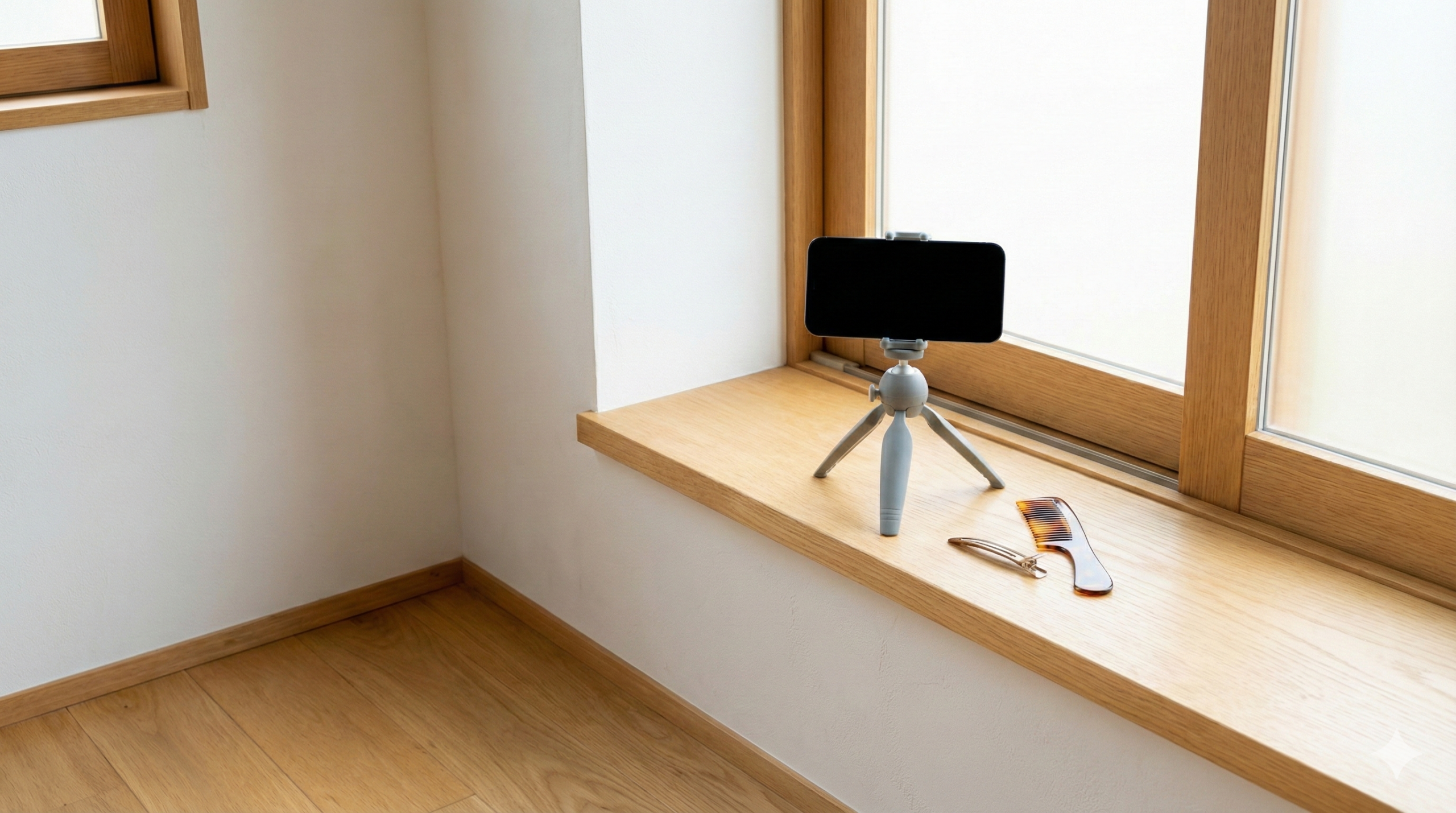 窓際の棚にミニ三脚で固定したスマホと、くし・ヘアクリップが置かれた撮影準備の写真