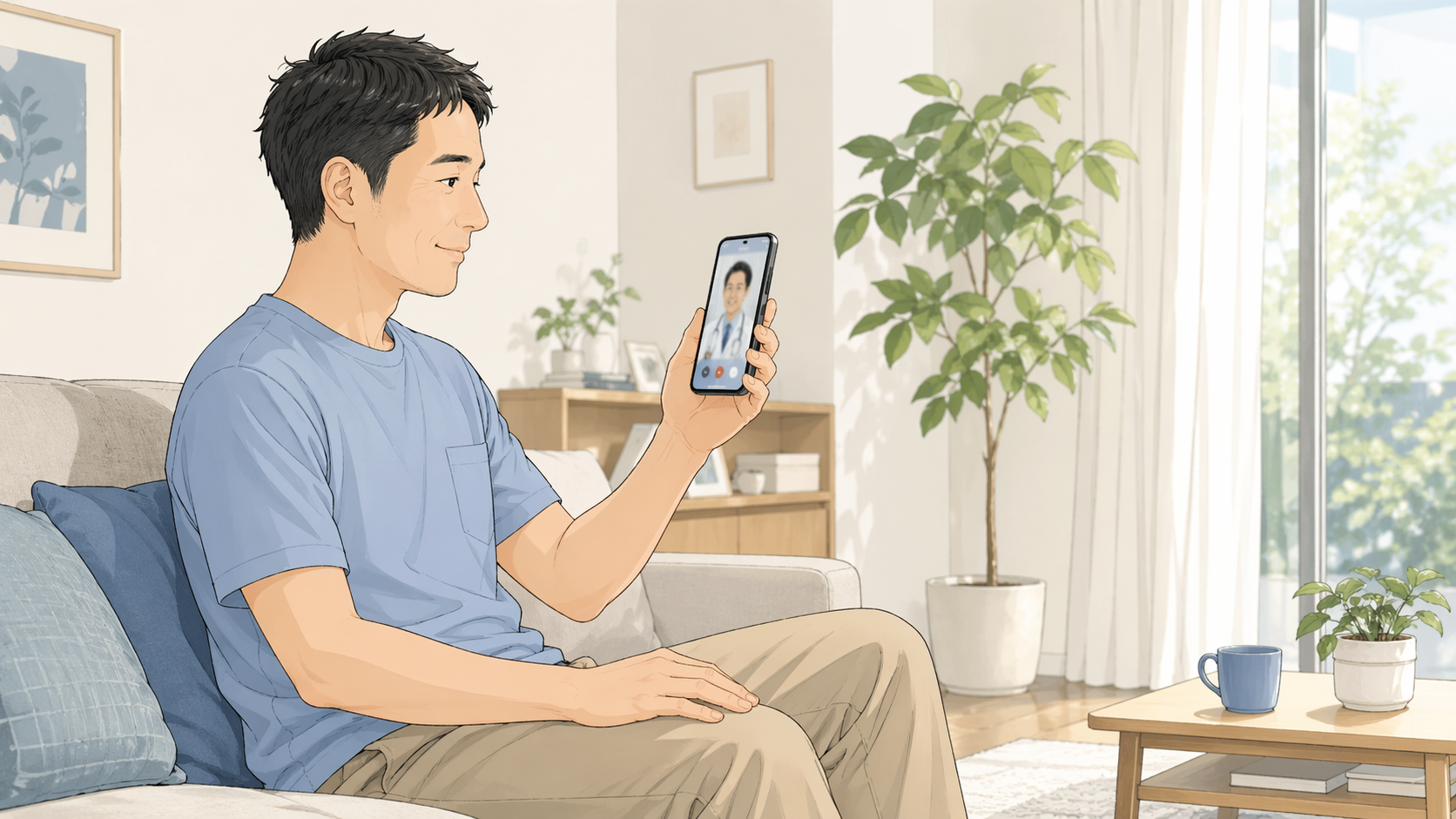 自宅のリビングでスマホを使ってオンラインAGA診療を受ける30代男性