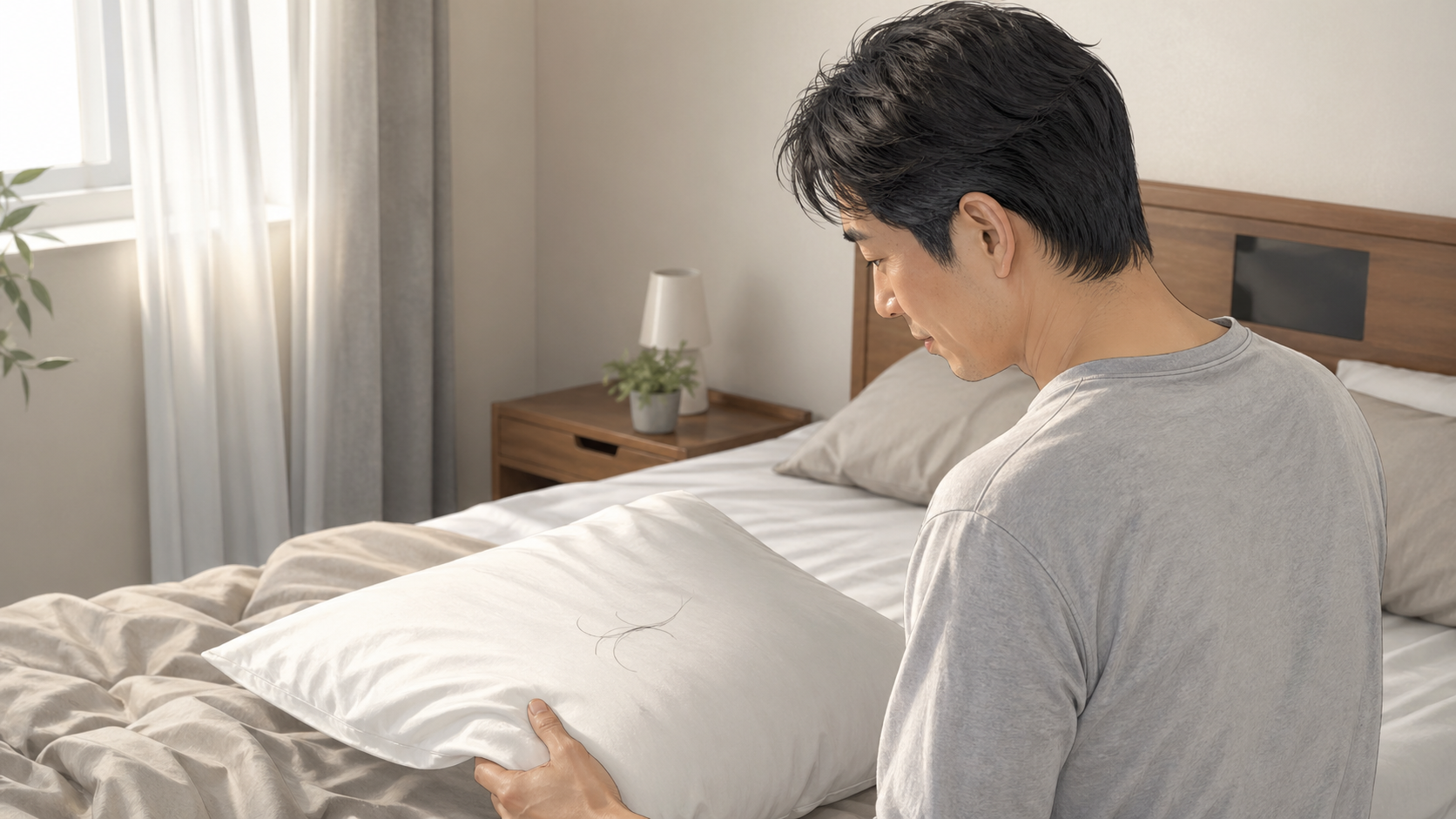 AGA内服薬3ヶ月目に枕の抜け毛を確認する男性