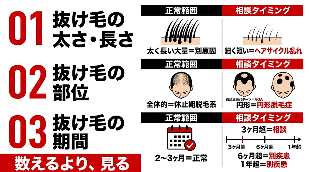 休止期脱毛はいつまで続く?3ヶ月の見切り目安と6ヶ月超で疑う受診サイン 27 抜け毛の切り分け3軸(太さ・部位・期間)と各軸での相談タイミング判断図
