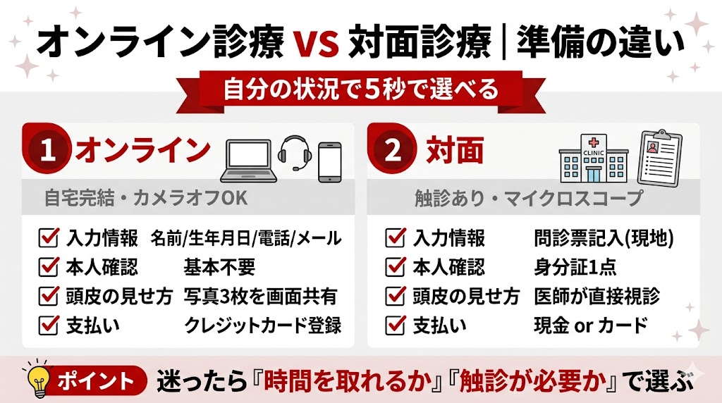 AGAオンライン診療と対面診療の準備の違いを比較した図解