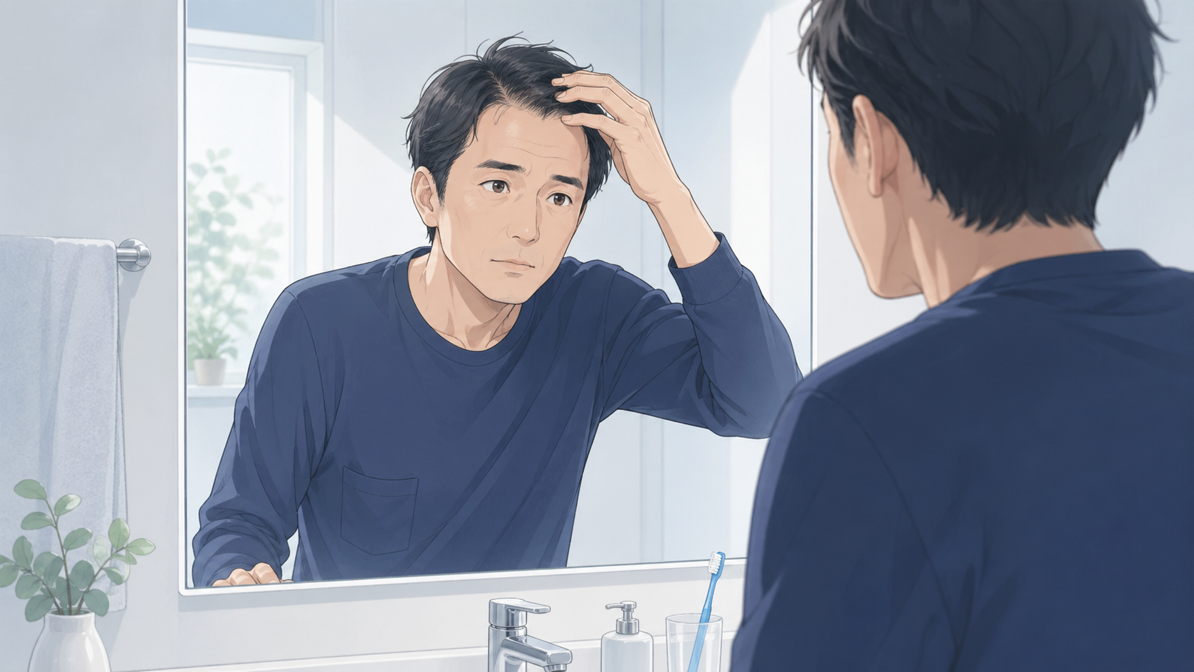 朝の洗面台で髪が細くなったか確認する男性
