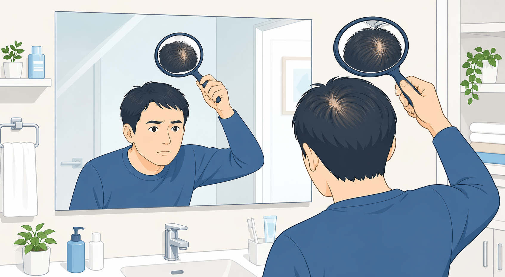治療6ヶ月目に合わせ鏡で頭頂部の地肌の透け方を確認する男性のイラスト
