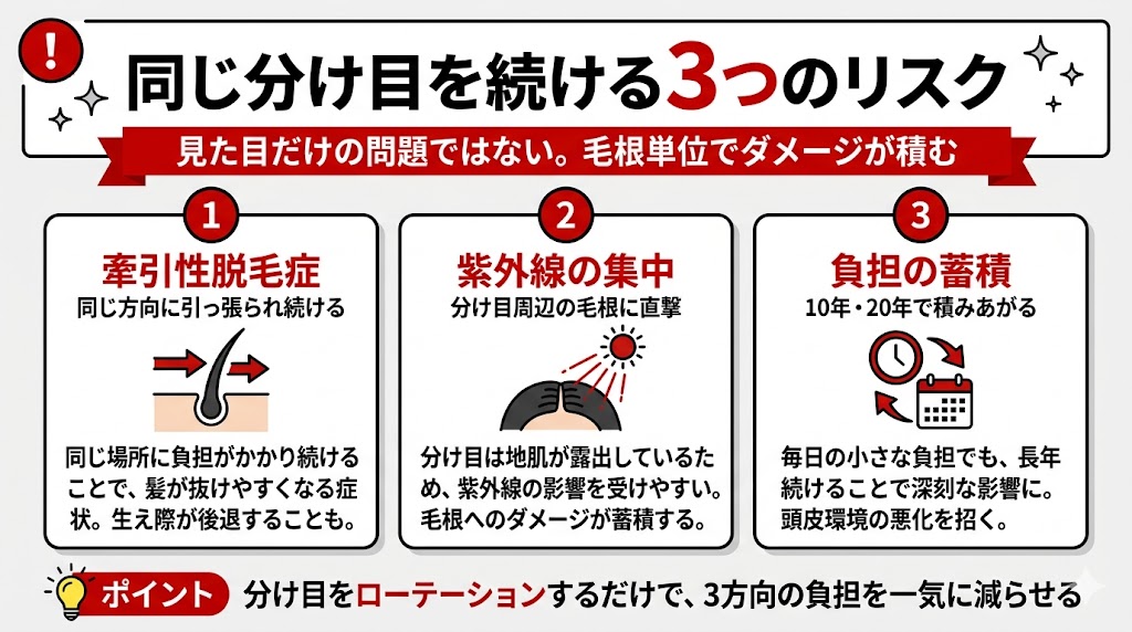 同じ分け目を続けることで起こる3つのリスクを示した図解