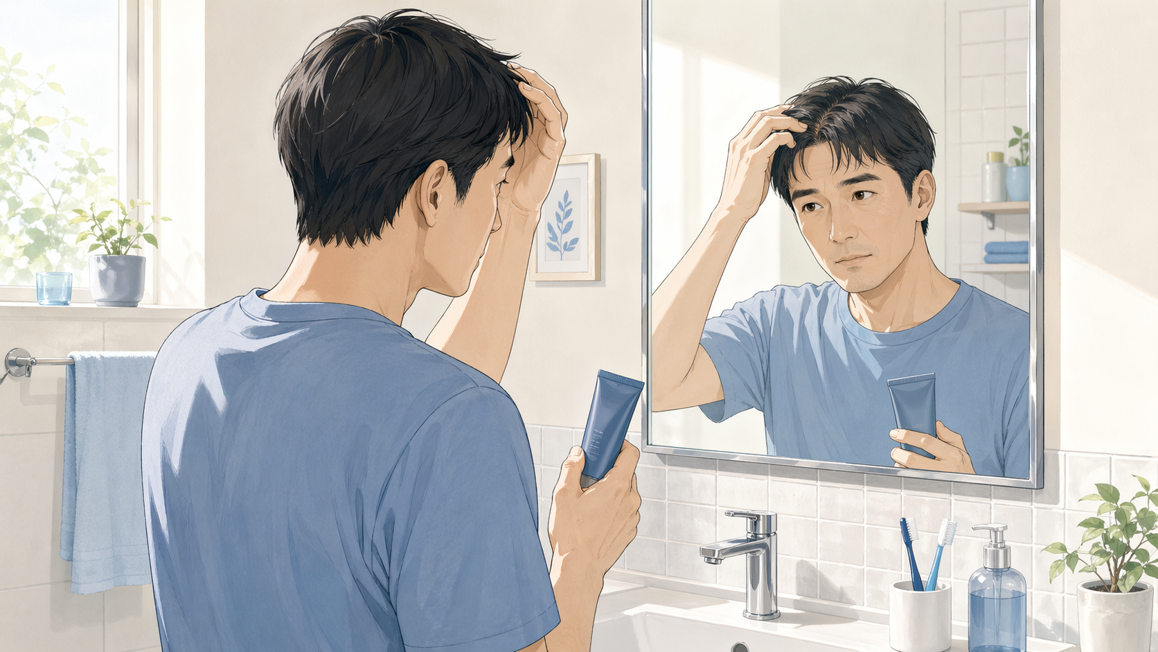 AGAとは何かを初心者向けに超わかりやすく整理。受診目安、オンラインAGA相談の使い方まで解説 15 AGA初心者が朝のスタイリングで髪の立ち上がりと地肌の透けに気づく様子