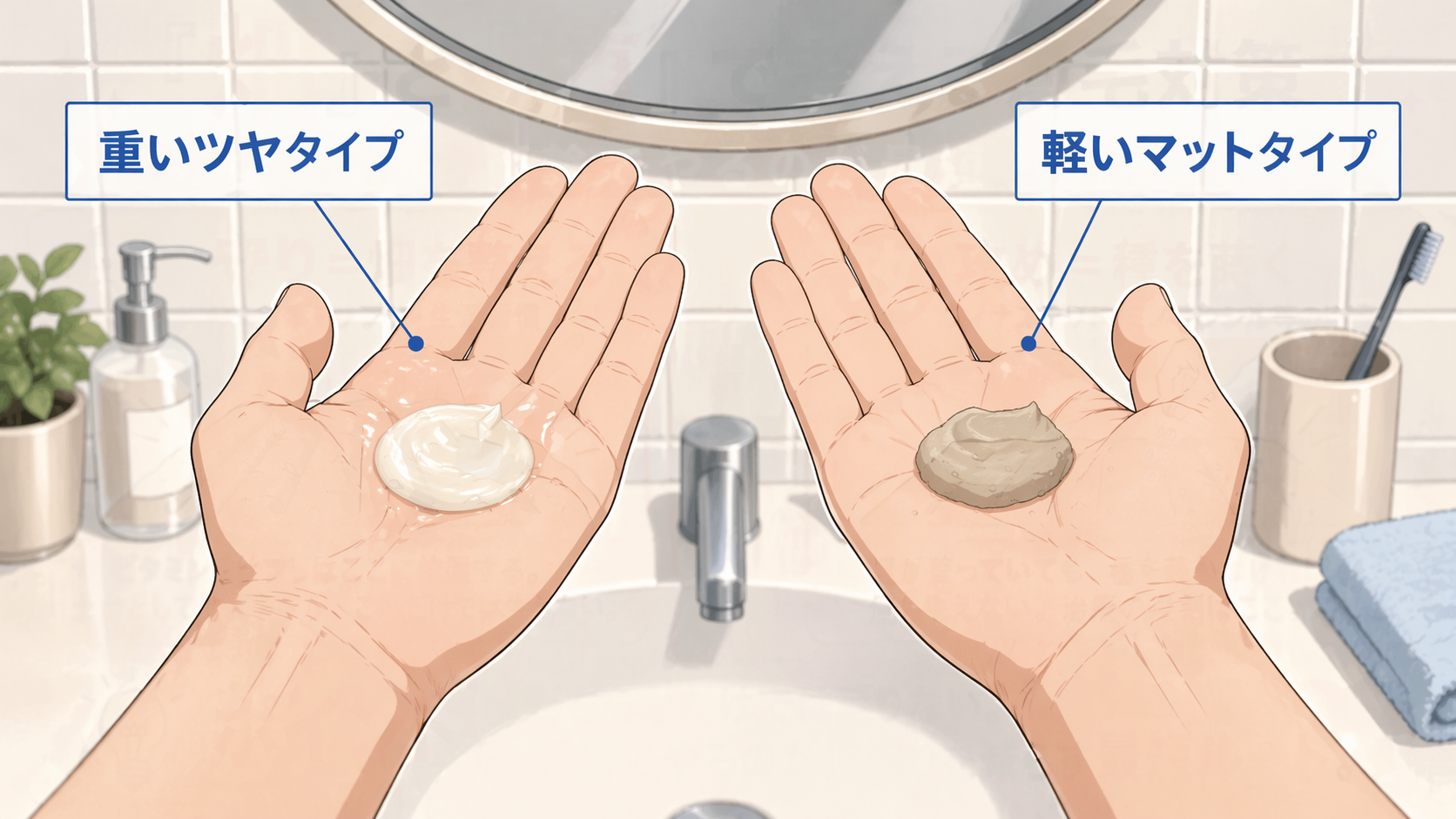 重いワックスと軽いマットワックスを手元で比較するスタイリングシーン