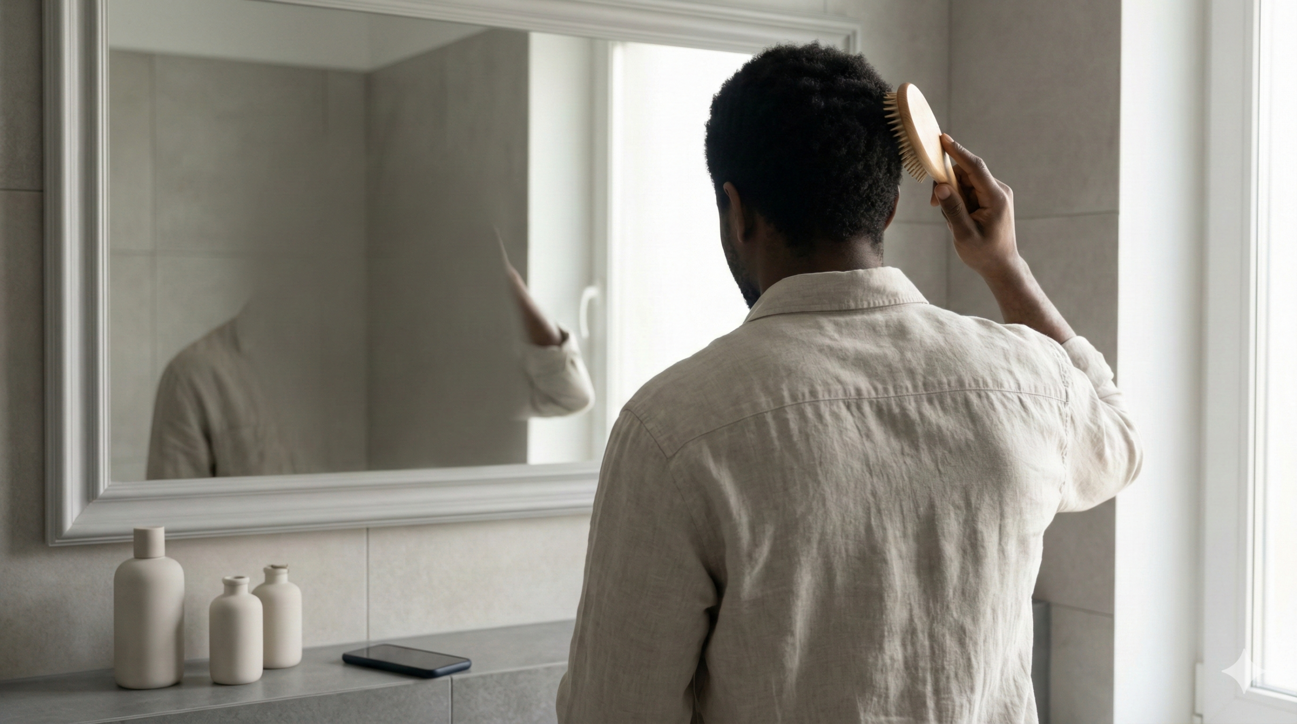 鏡の前で髪を整える後ろ姿の男性と清潔な洗面所