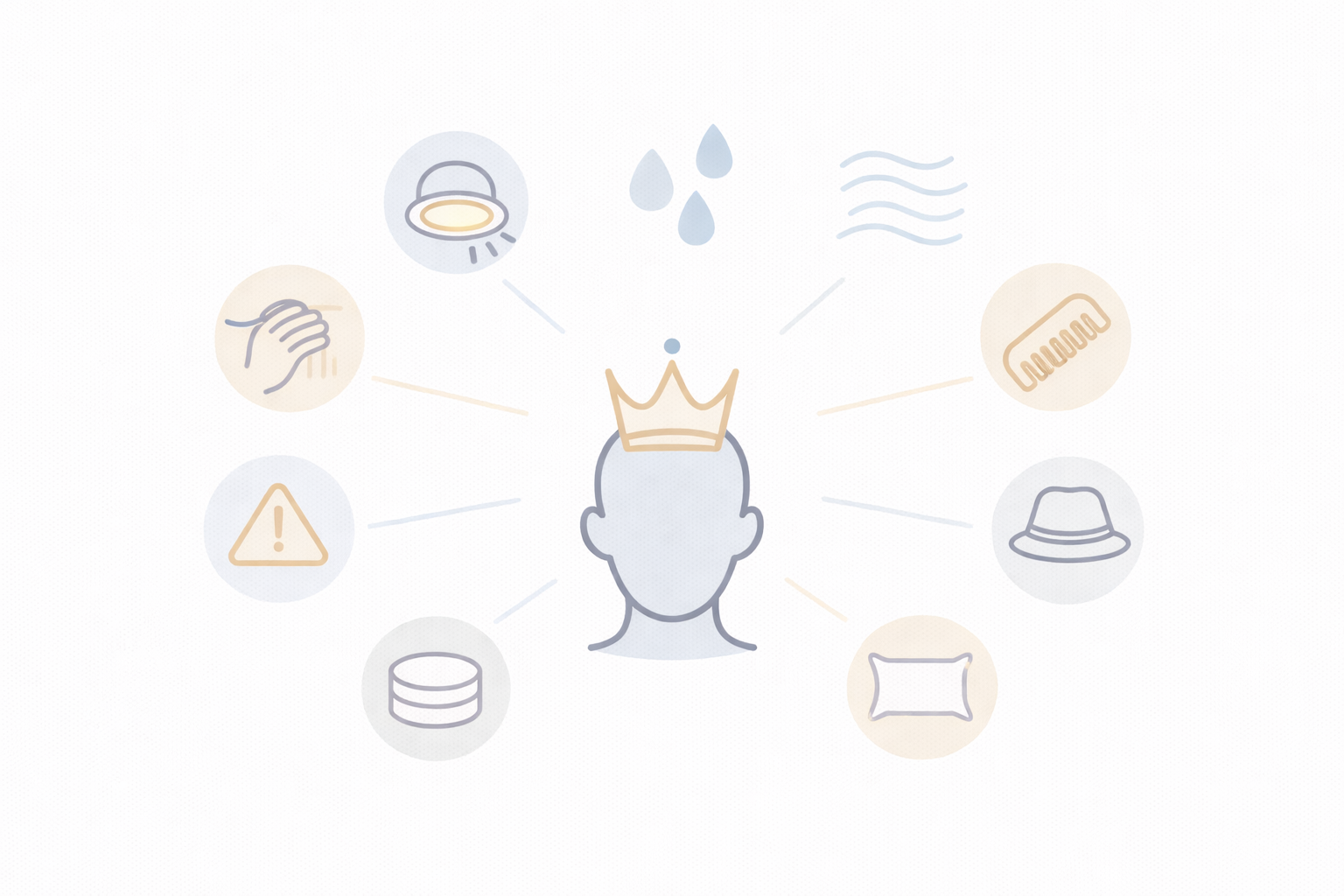 頭のシルエットを中心に、照明・濡れ髪・乾かし方・分け癖など、つむじが薄く見える要因を並べた図