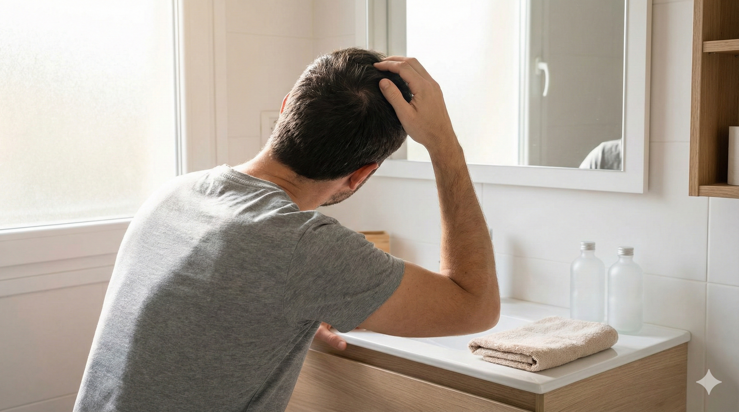 洗面台の鏡前で頭頂部を確認する後ろ姿