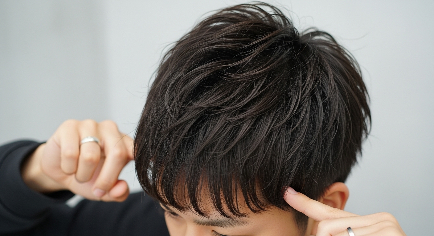 前髪を立てず自然に流した男性スタイリングの姿