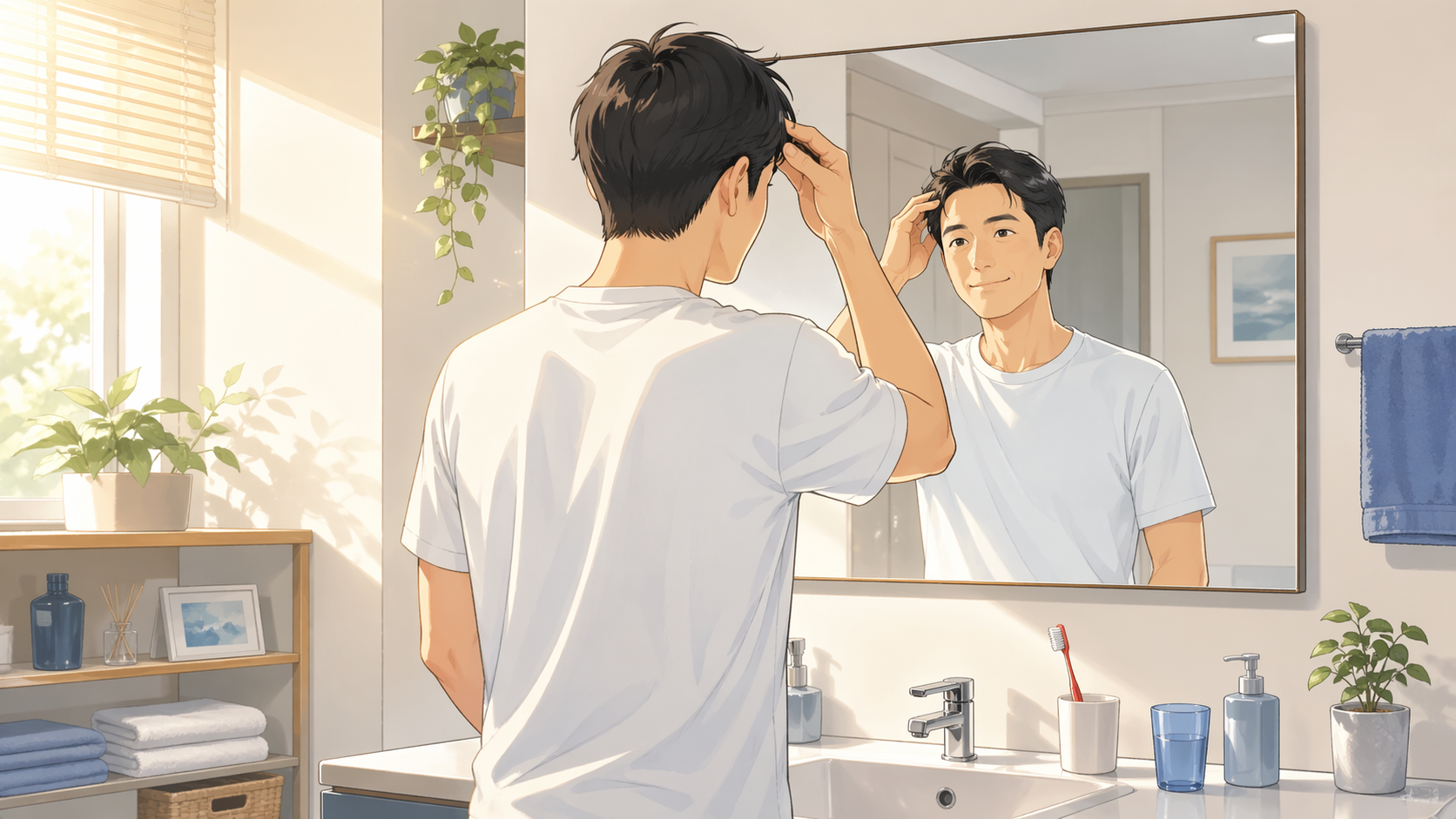 朝の光の中、鏡に向かって穏やかに身支度を整える30代男性のイラスト（悪循環を抜けた日常のイメージ）