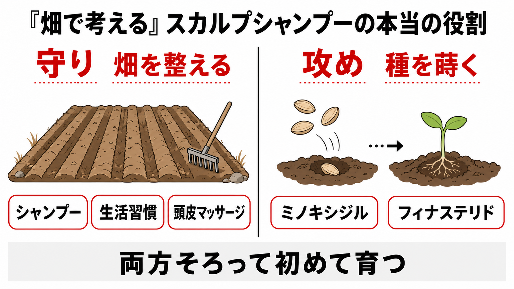 スカルプシャンプーと発毛剤の役割分離を畑にたとえた図解、守りと攻めの並走を示す